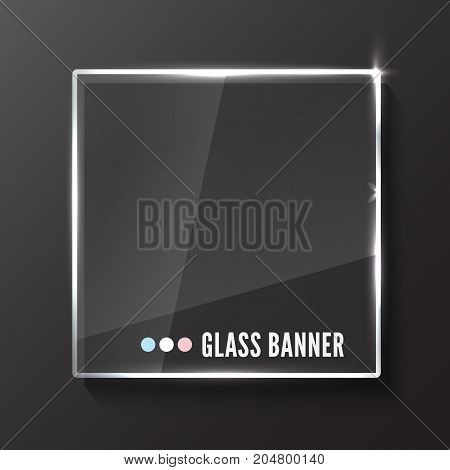 Glass plate with reflaction and shadow isolated on dark gray background. Realistic vector illustration.