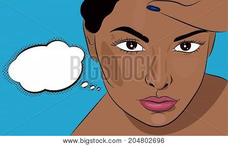 Afro american girl thinking of smth, sweet dreams, vector illustration, banner, ads