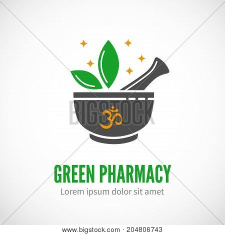 Black vecotr pharmaceutical mortar and pestle with leaves, pharmacy and alternative medicine vector logo template with sample text isolated on white. Ayurveda spa icon