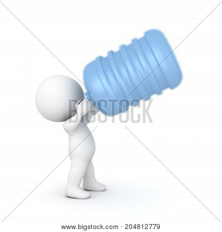 3D Character drinking out of a big water jug. Isolated on white.
