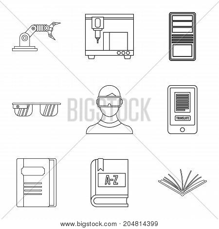 Printing device icons set. Outline set of 9 printing device vector icons for web isolated on white background