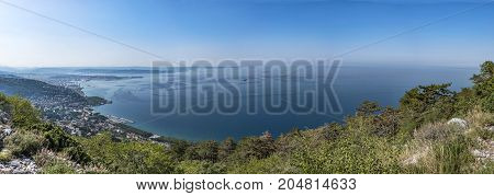 View from Temple of Monte Grisa to the bay of Triest in Friuli-Venezia Giulia in Italy