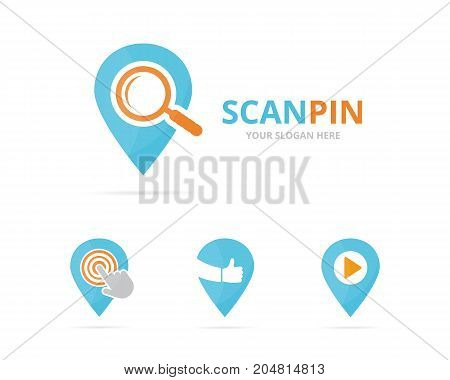 Set of map pointer logo combination. GPS locator and magnifying symbol or icon. Unique pin and search logotype design template.
