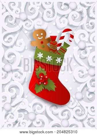 Christmas greeting card template with Xmas stocking, gingerman and candy cane, flat, paper cut vector illustration on white ornamented background. Xmas greeting card template with Christmas stocking