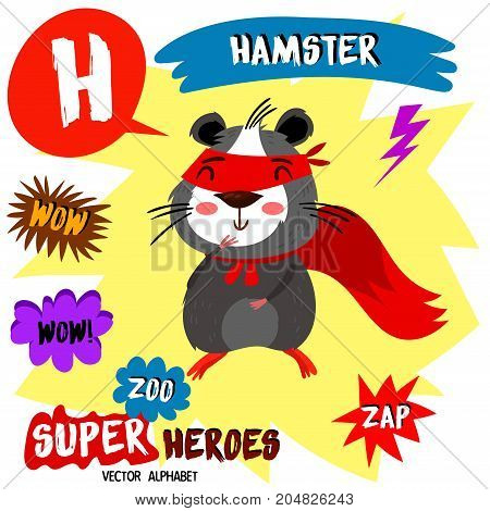 Super Big Set. Cute Vector Zoo Alphabet With Animals In Cartoon Style.letter H-hamster In Superheroe