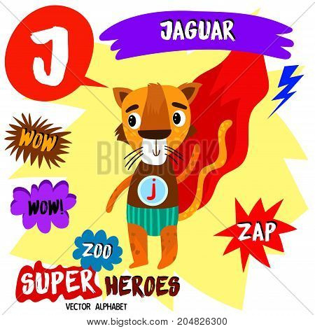 Super Big Set. Cute Vector Zoo Alphabet With Animals In Cartoon Style.letter J-jaguar In Superheroes