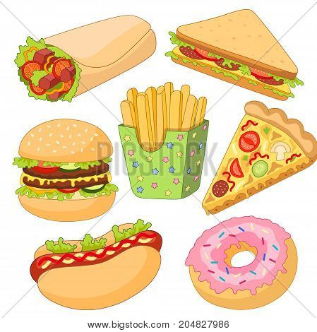 Vector burger pizza slice, roll doner kebab potato fry sandwich donut set. Fast food flat cartoon isolated illustration on a white background.