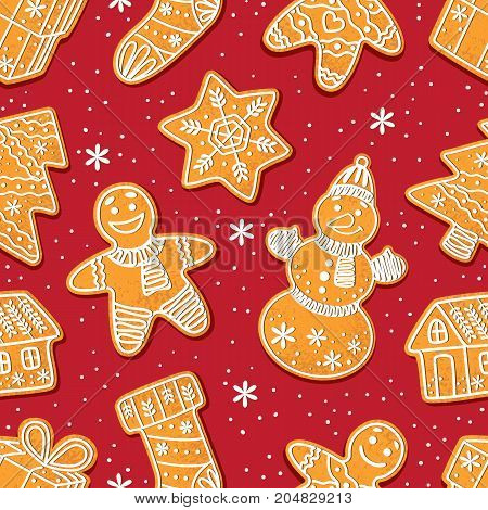Seamless pattern formed by glazed homemade Christmas gingerbread cookies on red background, cartoon vector illustration. Christmas gingerman, boot, tree, house, snowflake. snowman gingerbread cookies