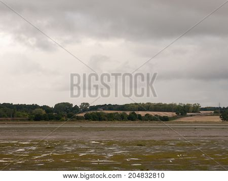 Empty Estuary Scene Tide Out With Seaguls Overcast Country Landscape