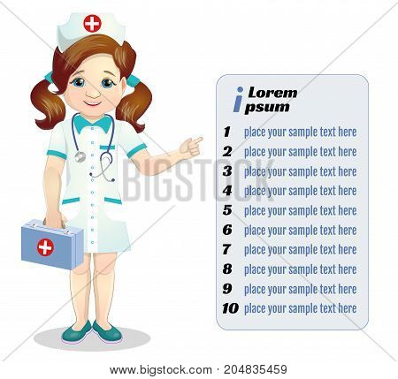 Beautiful smiling nurse points to list isolated