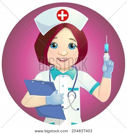 Cheerful nurse with injection syringe. illustration of a smiling nurse with medical icons background.