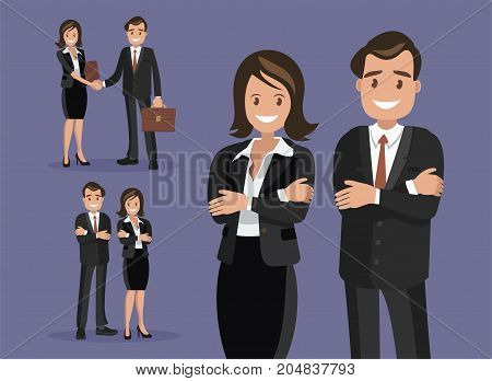 Set of characters business couple. Handshake and cooperation. Man and woman dressed in business suits. Businessman and businesswoman.