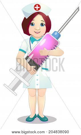 Cheerful nurse with injection syringe. illustration. on a white background