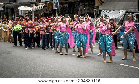 Hat Yai Songkhla Thailand. April 11 2017 : April 11 2017: Midnight Songkran Festival in Hat Yai Songkhla Thailand Unidentified peoples will wear bright clothes in the Songkran Festival parade.