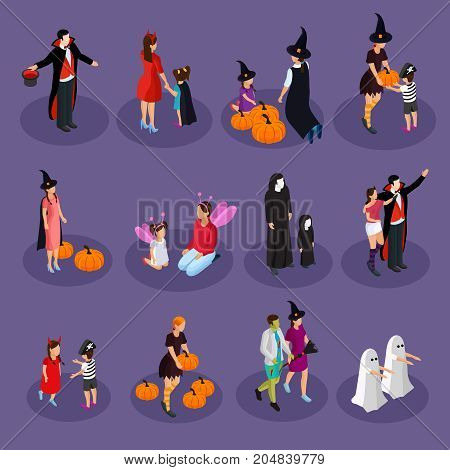 Isometric Halloween holiday collection with people wearing hats and costumes of vampire witch ghost fairy devil isolated vector illustration