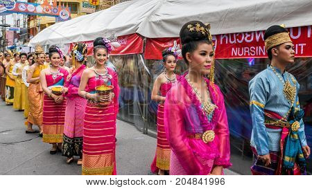 Hat Yai Songkhla Thailand. April 11 2017 : April 11 2017: Midnight Songkran Festival in Hat Yai Songkhla Thailand Unidentified peoples will wear bright clothes in the Songkran Festival parade.