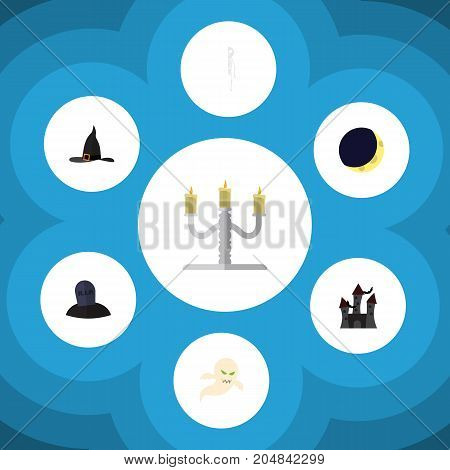 Flat Icon Halloween Set Of Witch Cap, Candlestick, Fortress Vector Objects