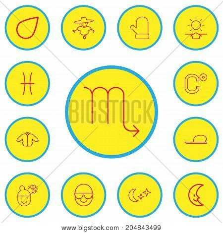 Set Of 13 Editable Climate Outline Icons. Includes Symbols Such As Bugbear, Raindrop, Glove And More