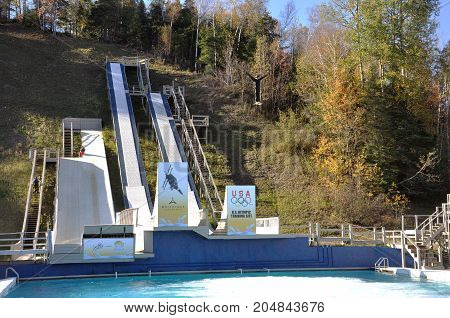LAKE PLACID, NY, USA - OCT. 3, 2010: Freestyle skiing training in Lake Placid US Olympic Training Site, New York State, USA.