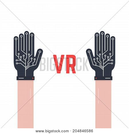 two hands thin with vr gloves. concept of fiction ar, vr layout, data ui, smart palm, geek arm equipment, input device. flat style trend modern graphic design vector illustration on white background