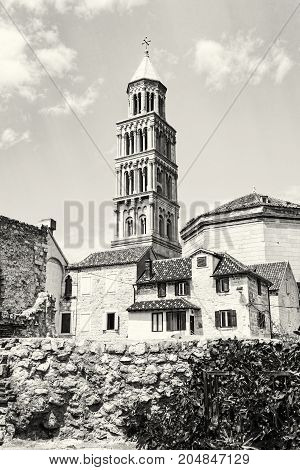Cathedral of Saint Domnius in Split Croatia. Religious architecture. Travel destination. Black and white photo.