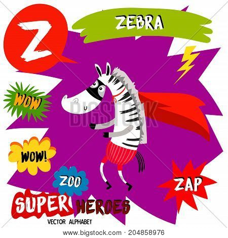 Super Big Set. Cute Vector Zoo Alphabet With Animals In Cartoon Style.letter Z-zebra In Superheroes