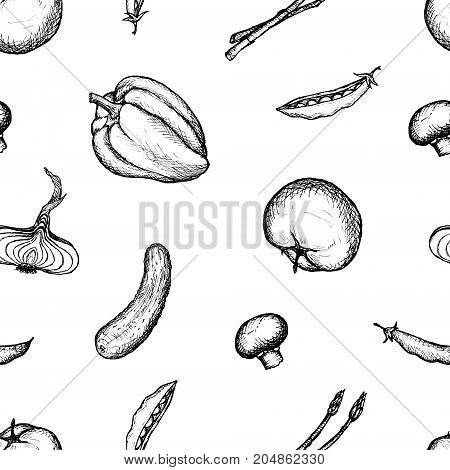 Vegan Menu - Cucumber Tomato Peas Mashroom Pepper Asparagus - graphic seamless pattern