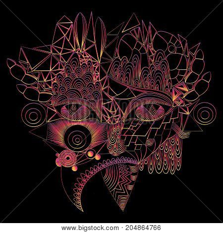 Vivid fantastic image face girl steampunk style decorative lines neon color outline pink yellow on a black background. Stylish psychedelic patterned card.