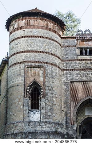 Tower detail of Rocchetta Mattei Castle placed in Italy