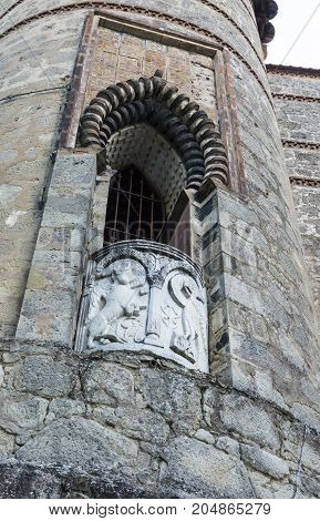 Tower detail of Rocchetta Mattei Castle placed in Italy
