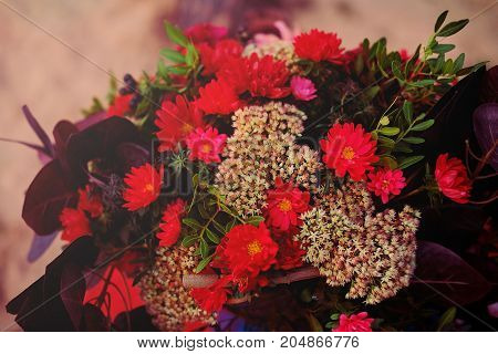 Wedding decoration. Bridal bouquet made of beautiful dark red and magenta flowers.Rich autumn colors.