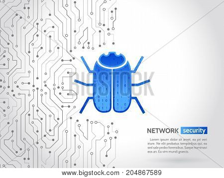 Abstract high tech circuit board with hacker bug. Hacking and cyber crime. Personal data security concept. Network security technology. Computer virus attack