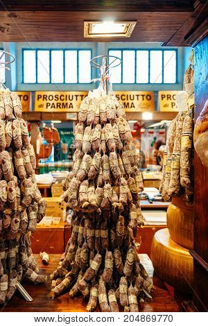 PARMA ITALY - SEP 5 2017: Delicious Sausage on displa in shopwindow in Italian food meat store