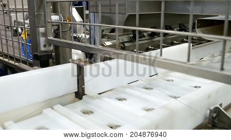 Food factory automated robotic machine. Conveyor product line for cooking and packing rations and food packs. Robotics and automatic lines used instead of human labor on factories and plants.