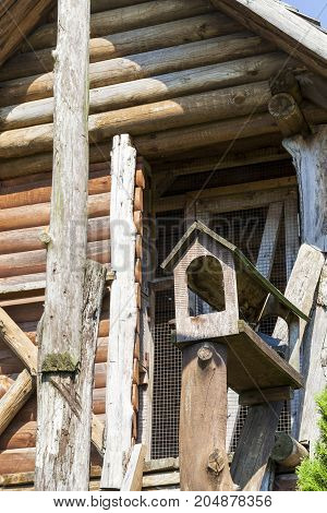 A Small High Dovecote Pigeons Made Of Wood. Photo Close-up Of A Wooden Construction Without Birds