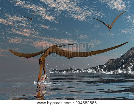 Anhanguera prehistoric birds fishing on the shoreline - 3D render