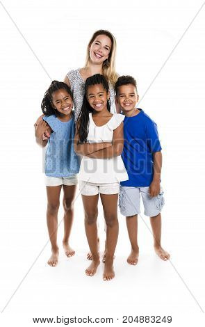 Two Afro twin child and boy posing on a white background studio with white mother