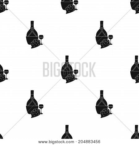 A bottle of alcohol, wine in a glass and cheese. Alcohol single icon in black style vector symbol stock illustration .