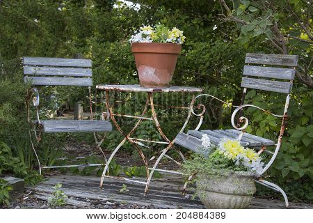 A old patio set of table and chairs