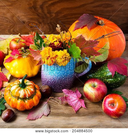 Rustic Fall Table Centerpiece With Yellow Flowers, Square.