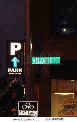 New York USA - 28 September 2016: Street Sign for Atlantic Avenue an important street in the New York City boroughs of Brooklyn and Queens.