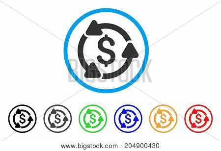 Money Circulation rounded icon. Style is a flat money circulation grey symbol inside light blue circle with black, gray, green, blue, red, orange color versions.
