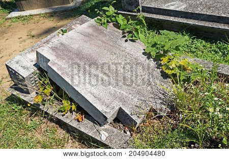 Broken tombstone in the public cemtery in summer