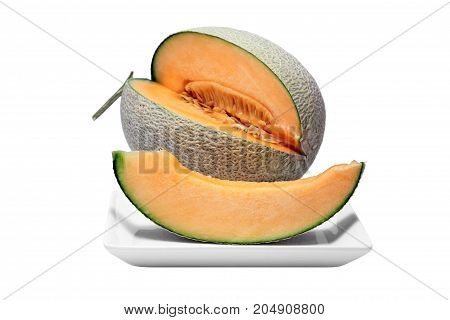 Sliced Orange Melon on white plate isolated on white background.