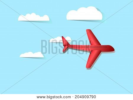 Landscape of Red plane on blue sky and clouds in paper styleVector illustration.