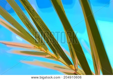 tropical leaves. blue sea, ocean, water. green leaves. foliage picture