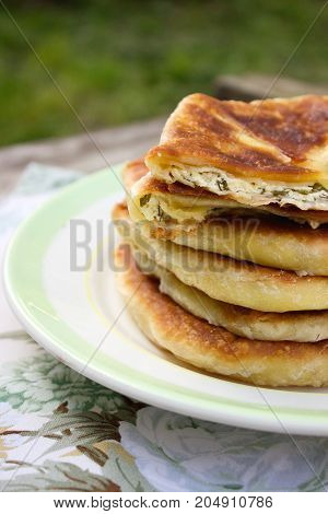 Traditional homemade Romanian and Moldovan pies - Placinta. Rustic style, selective focus.