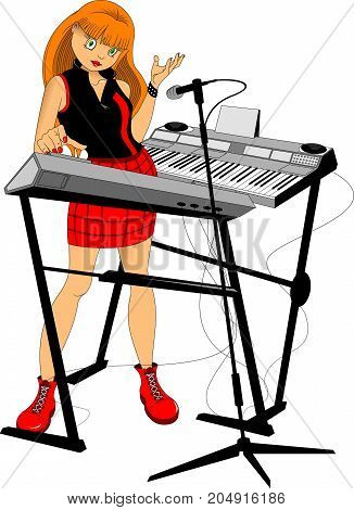 Young woman playing on synthesizer. Female musician keyboardist. Vector