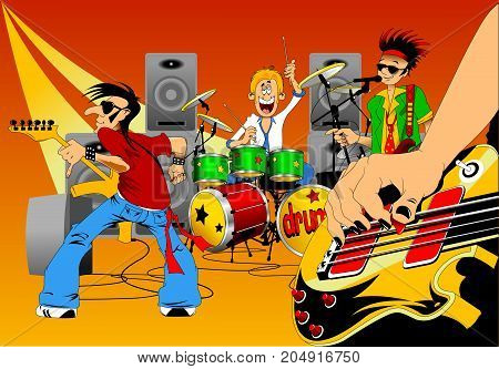 A group of young and cheerful musicians play musical instruments