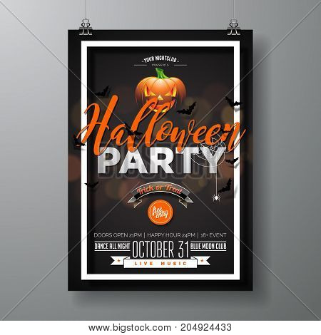 Halloween Party vector illustration with pumpkinm on black background. Holiday design with spiders and bats for party invitation, greeting card, banner, poster